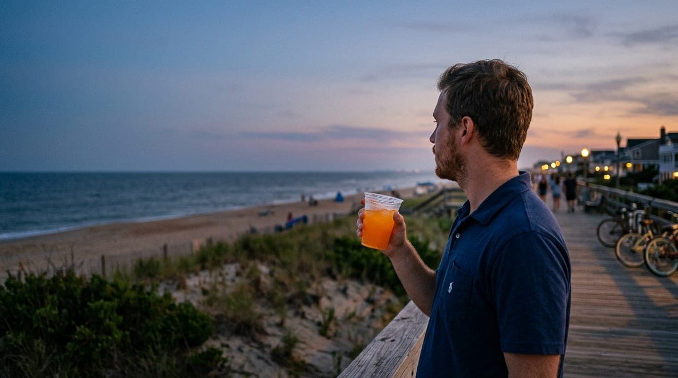 A man in a navy polo stands on a Shore Drive boardwalk at blue hour. He holds a chilled orange crush, looking toward the o...