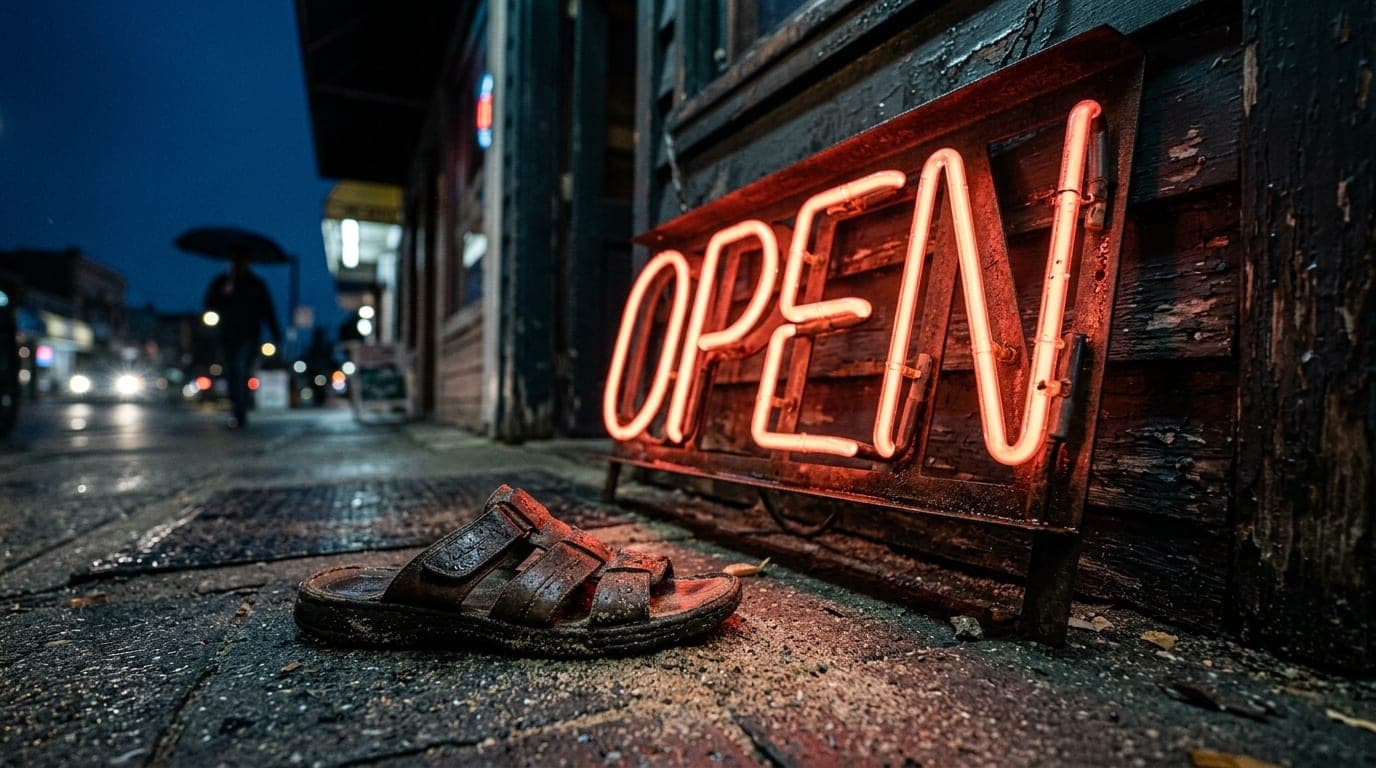 Low-angle hero shot of a flickering neon "Open" sign outside a dark, weathered wooden bar on 8th Street. A wet sand-dusted...