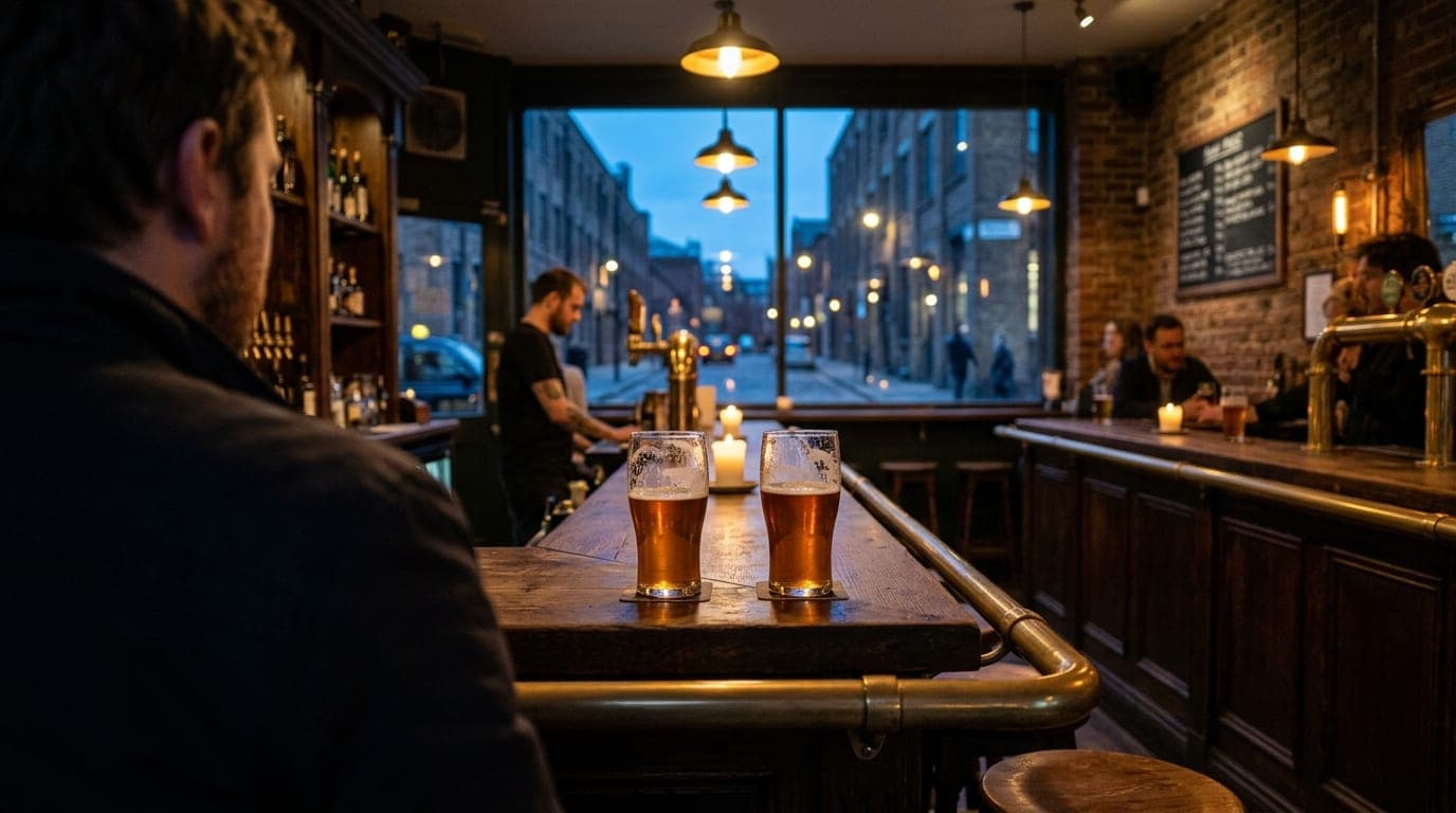 Over-the-shoulder view of a rustic wooden bar in a Chelsea brewery. Two half-poured local IPAs sit symmetrically centered,...