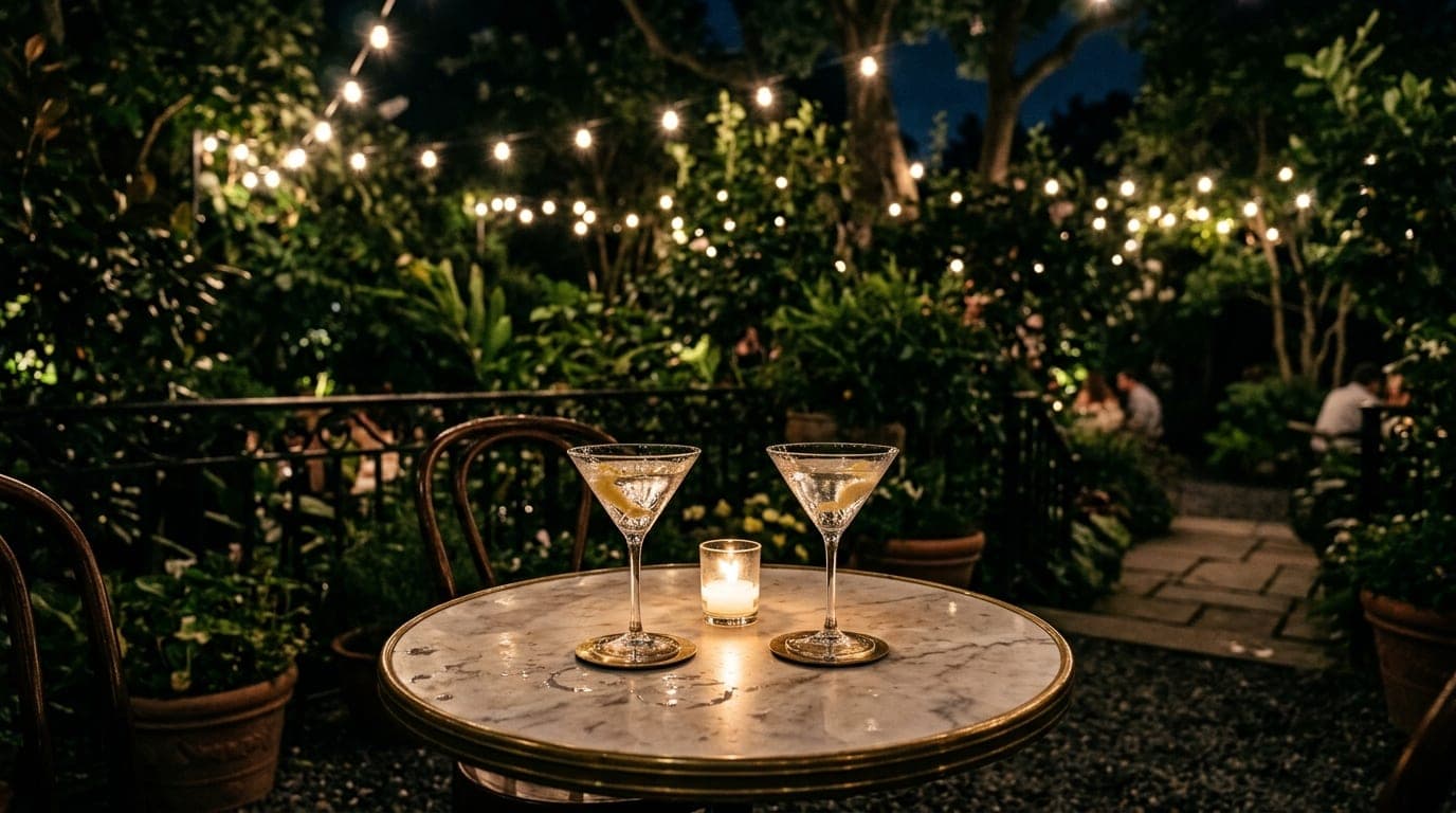 Low-angle shot of a marble bistro table on the Cavalier garden terrace at night. Two crystal martini glasses sit half-full...