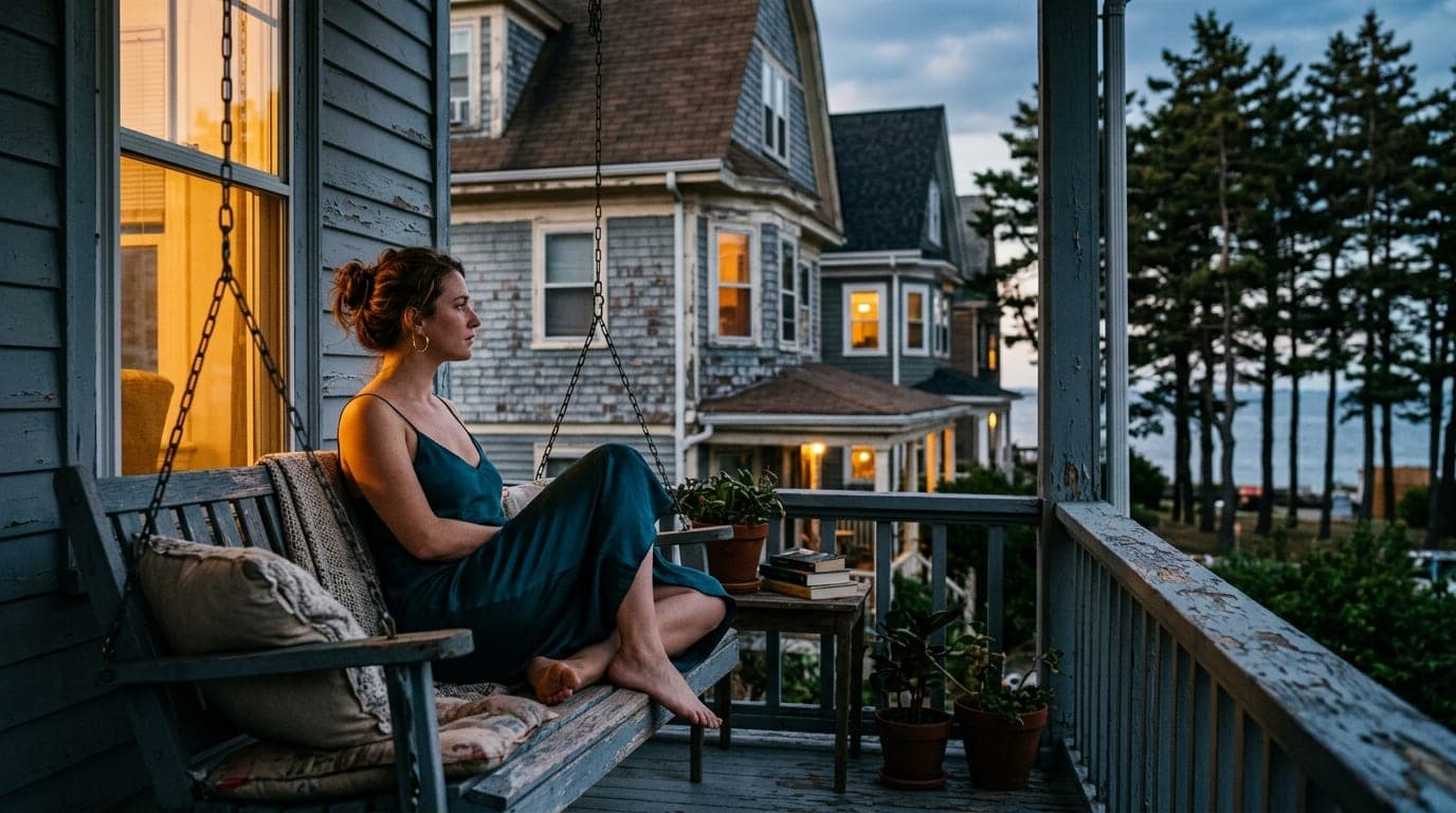 An 85mm portrait captures a woman in a silk slip dress sitting on a North End porch swing at night, the warm tungsten glow...