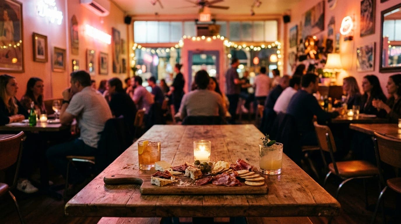 Centered medium shot, 24mm wide-angle. A candle-lit wooden table at The Pink Dinghy featuring a half-eaten charcuterie boa...