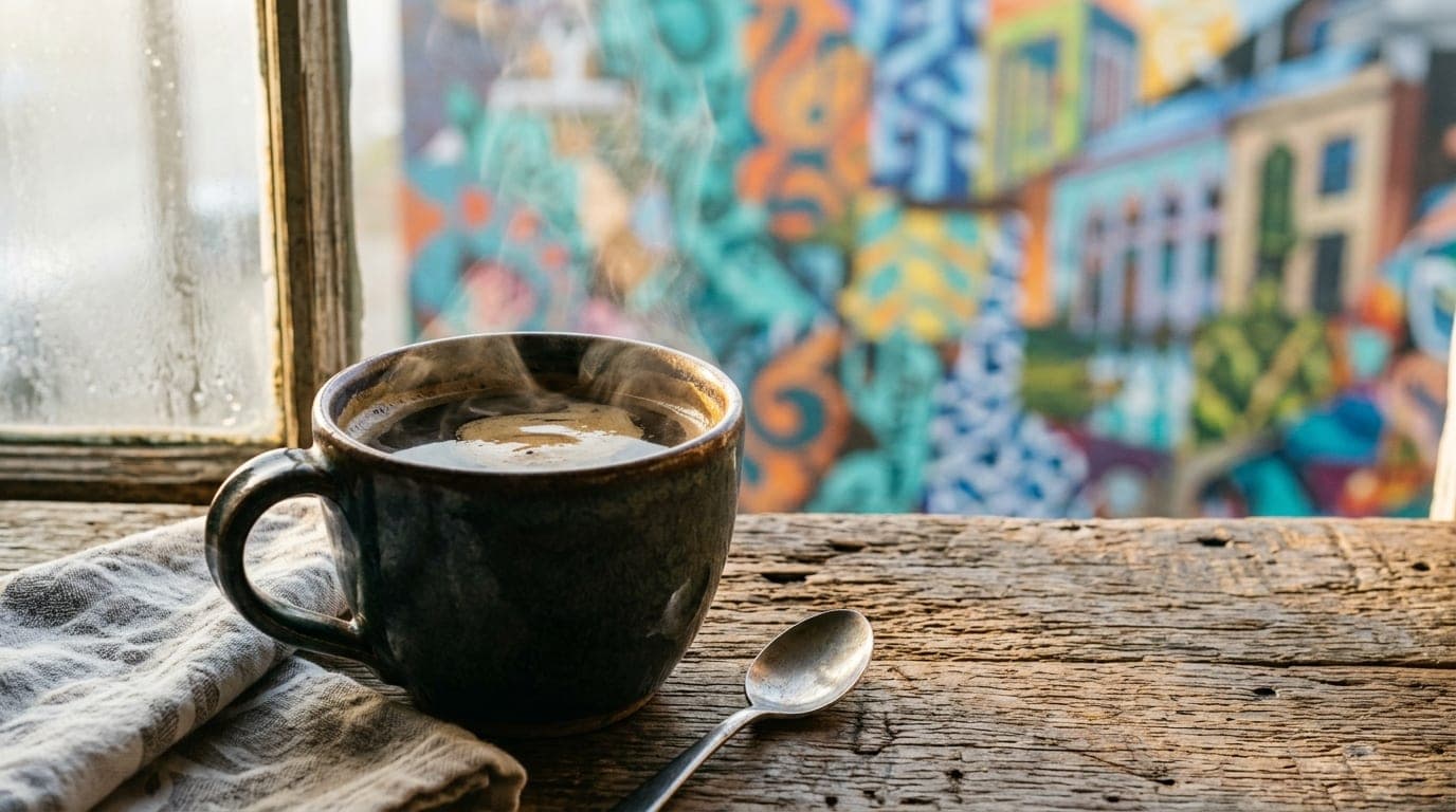 A close-up, 100mm macro shot of a steaming ceramic mug of artisan coffee resting on a rustic, sun-drenched wooden cafe tab...