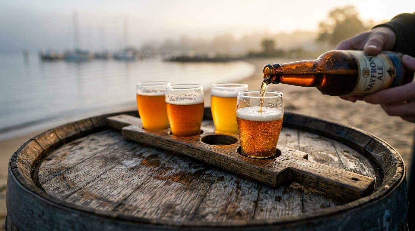 Selective focus on a half-poured amber craft beer flight resting on a weathered wooden barrel at Commonwealth Brewing, gol...