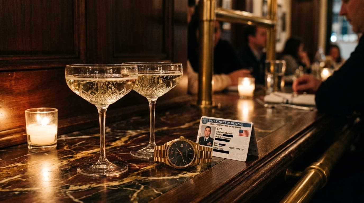 A medium shot inside a dimly lit Town Center bistro. Two crystal coupes of champagne sit on a marble bar top beside a mode...