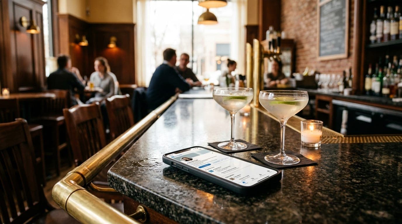 A close-up, tilt-shift shot of a polished granite bar at a Town Center bistro. A smartphone showing a professional LinkedI...
