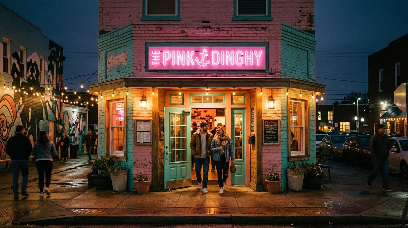A symmetric, wide 24mm shot of the neon sign at The Pink Dinghy in the ViBe District at night. A couple in casual streetwe...