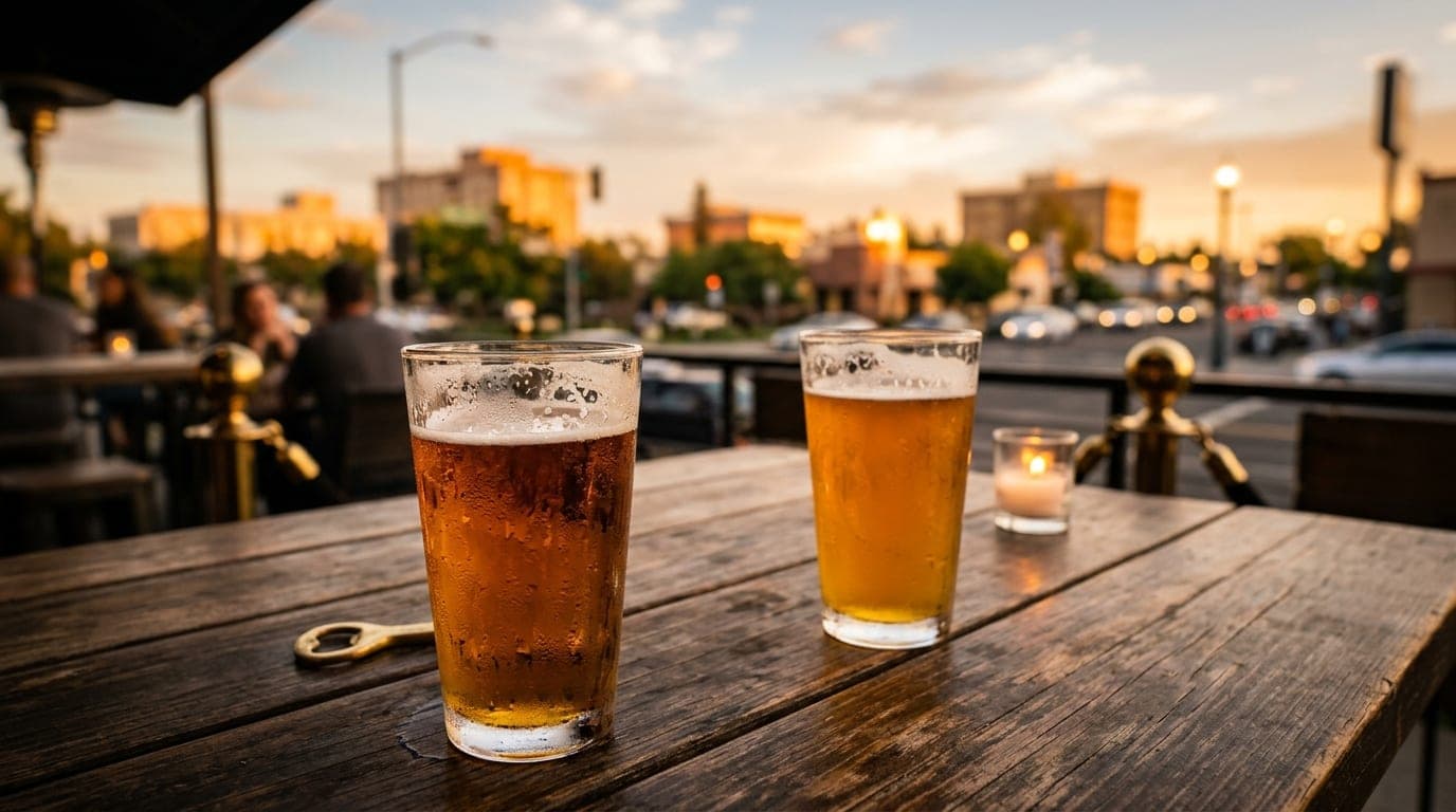 A golden-hour tilt-shift view of two craft beers on a Mooney Boulevard patio table. Selective focus highlights the condens...