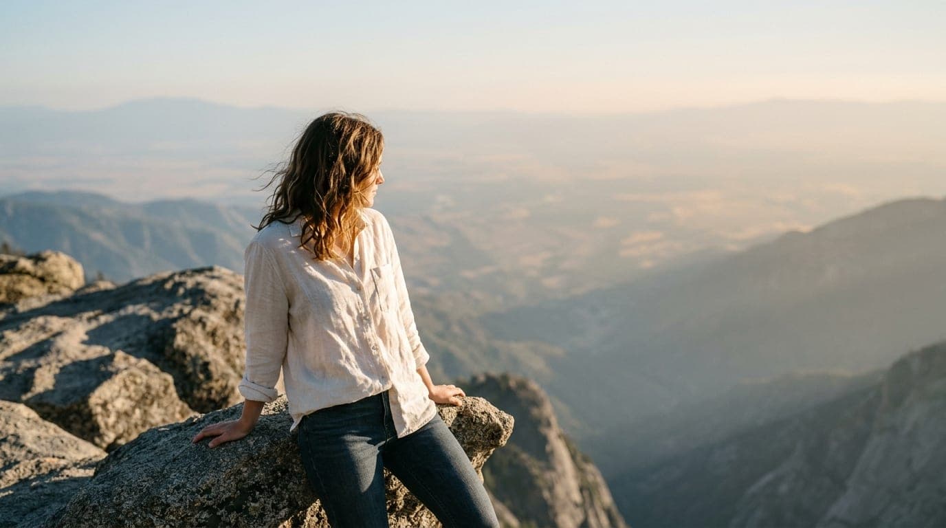 A woman in a light linen shirt stands on a granite outcrop at Moro Rock, backlit by the golden hour sun. The vast, hazy Sa...