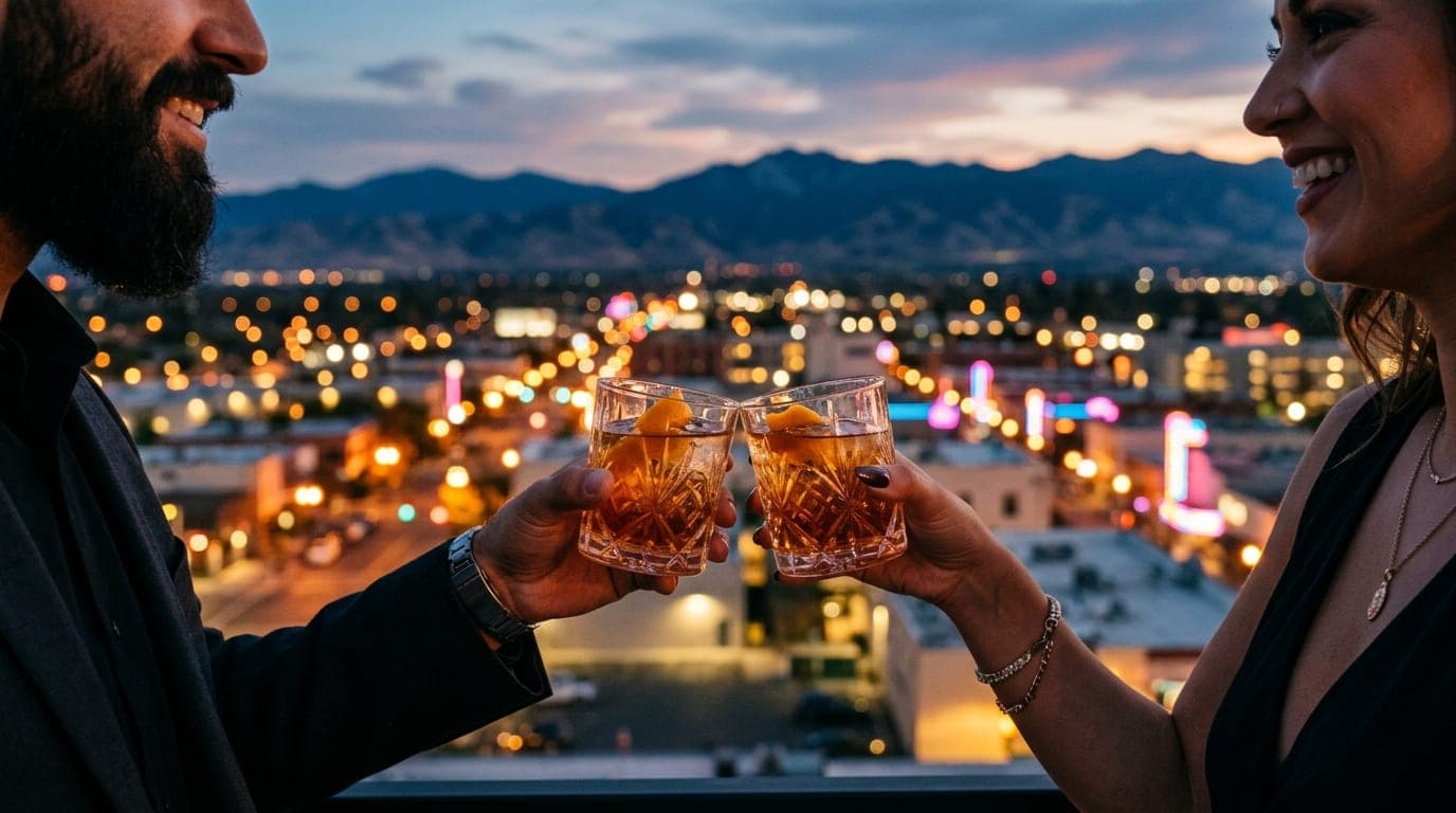 24mm wide-angle, centered composition. A couple clinks crystal cocktail glasses on a rooftop terrace at dusk. In the backg...