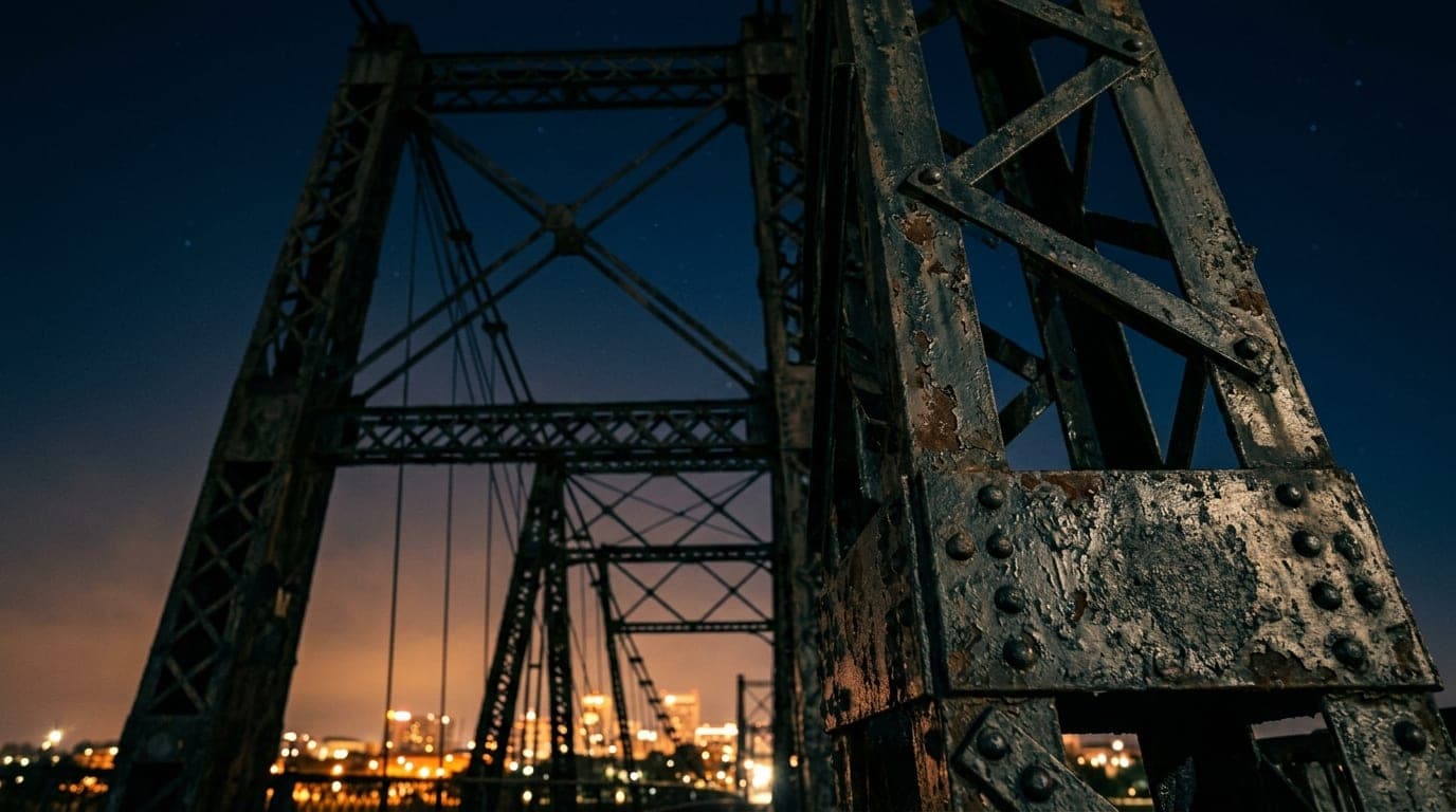 A low-angle 100mm macro shot of the historic Waco Suspension Bridge’s weathered iron pylon against a deep midnight sky, wi...