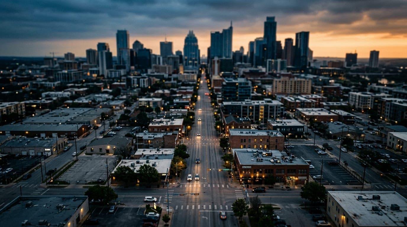 An overhead flat-lay of the Austin Avenue corridor at dawn, captured with tilt-shift selective focus. Leading lines of gre...