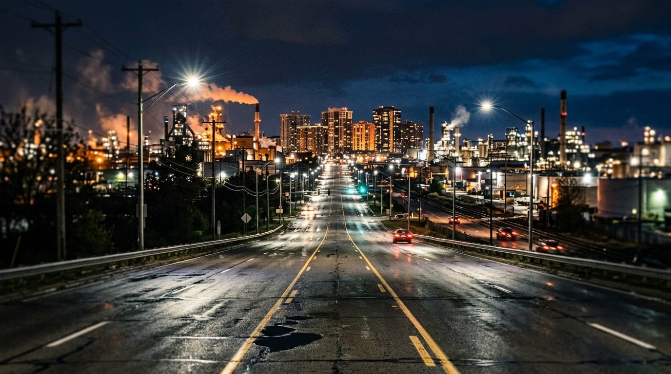 A low-angle, tilt-shift shot of the sprawling, illuminated industrial skyline along the Mound Road corridor at midnight, w...