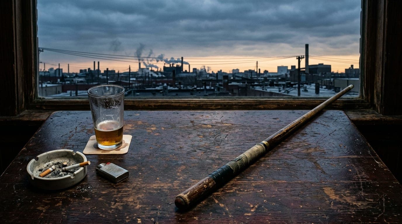 Overhead flat-lay 35mm shot on an overcast morning. An offset, weathered wooden pool cue rests on a dark, scratched tavern...