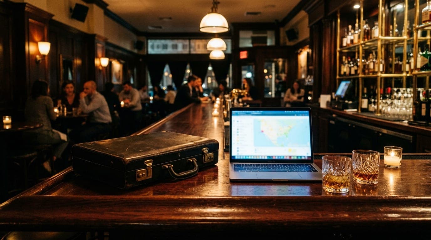 A polished mahogany bar in a dimly lit Shaw lounge at night. A leather briefcase sits beside an open laptop displaying a b...