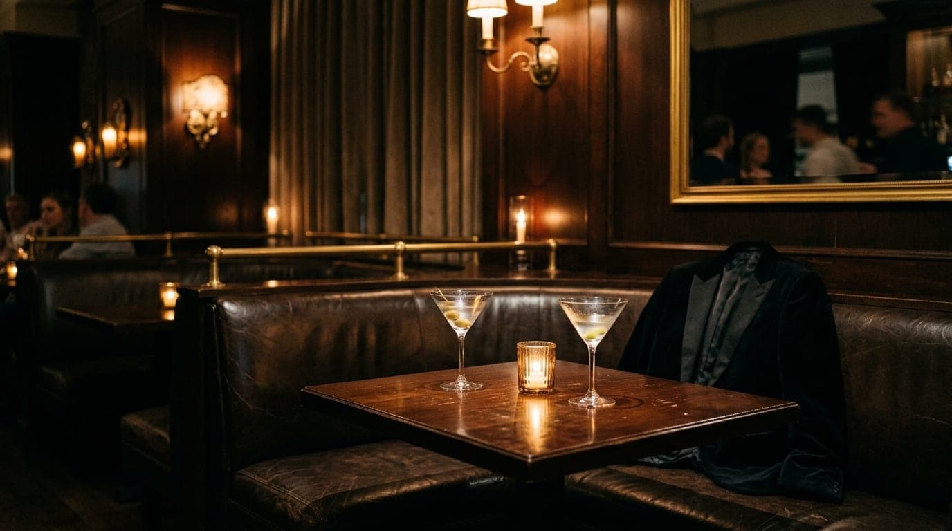 A medium shot at a corner booth in a moody Adams Morgan hotel bar. Two half-empty martini glasses sit on a polished wood t...