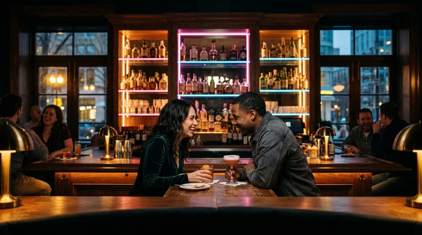 A wide 24mm shot of an intimate, dimly lit speakeasy bar in Logan Circle. A couple sits at a mahogany counter, drinks betw...