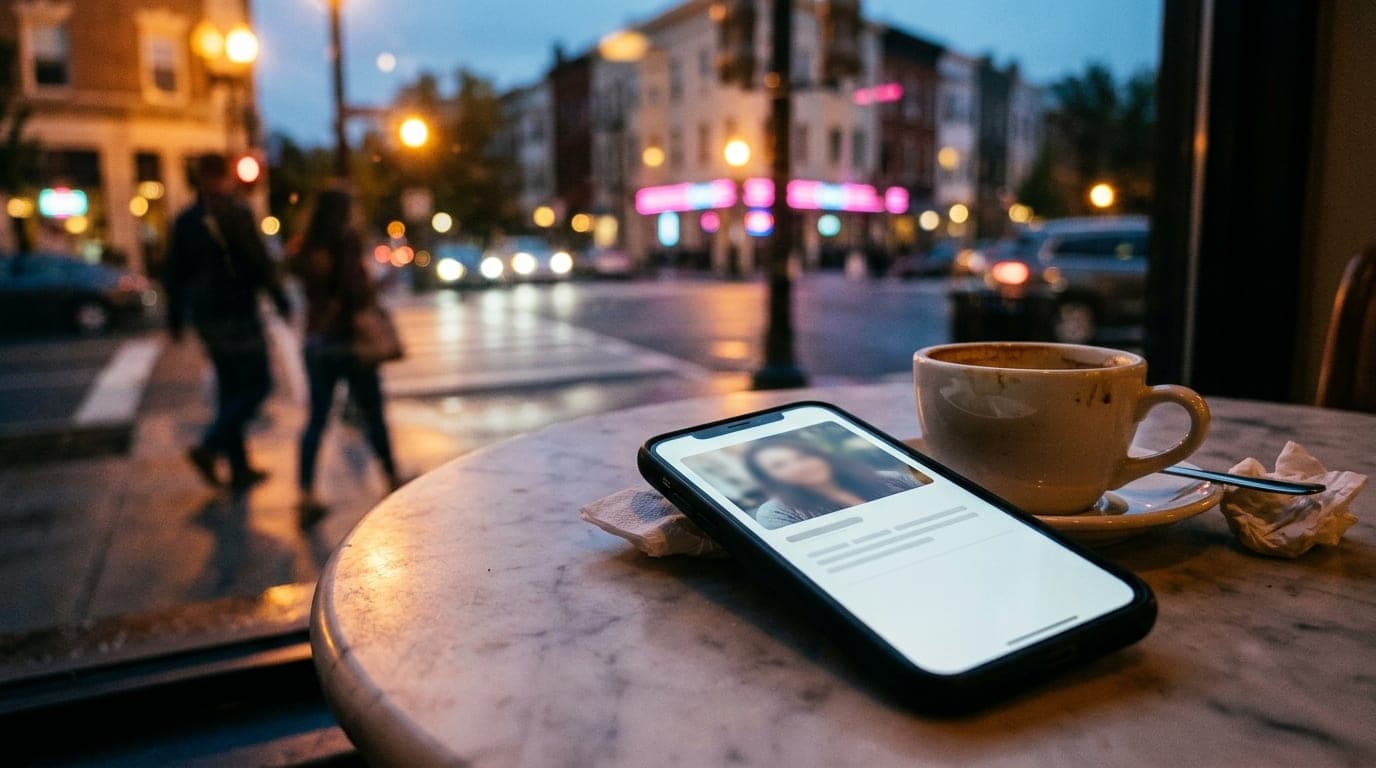 A 35mm documentary shot at golden hour: a smartphone resting on a marble café table in Dupont Circle, displaying a profile...