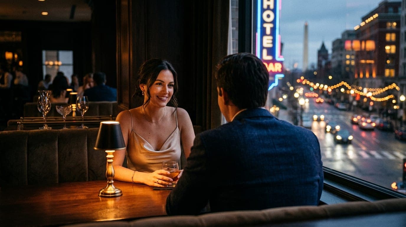 An elegant couple sits in a shadowy, low-lit booth at a posh D.C. hotel bar. The woman wears a silk slip dress, softly ill...