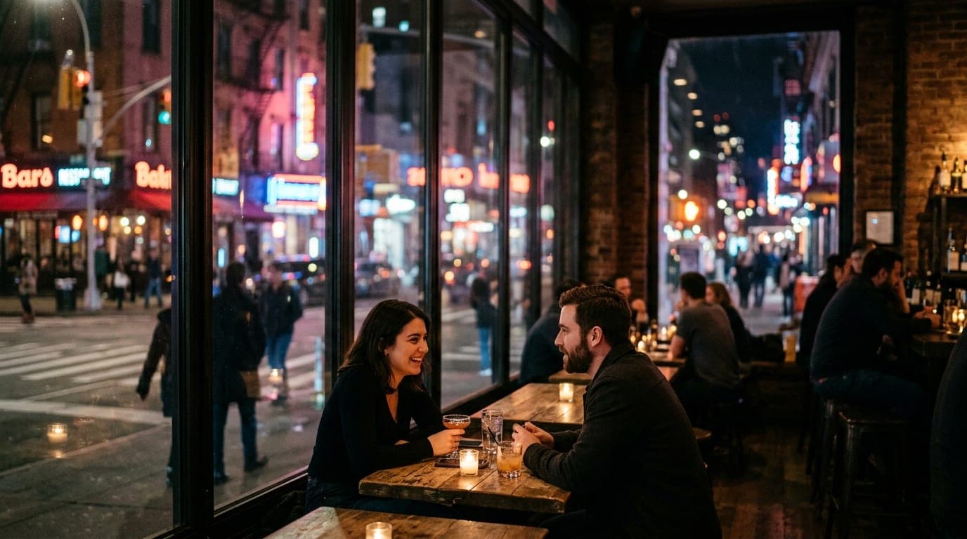 A wide shot of a couple sharing a quiet conversation at a dimly lit 14th Street bar, the subject placed in the lower third...