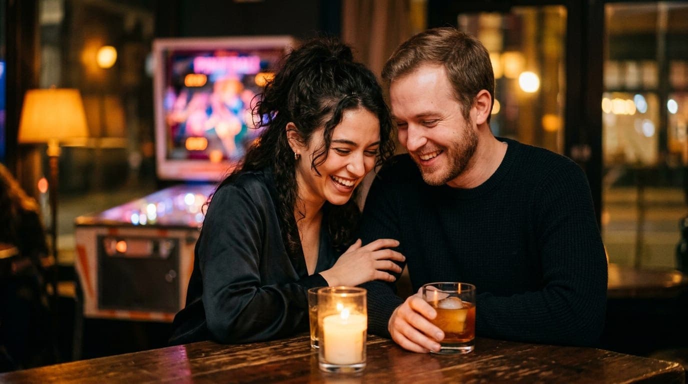 A medium shot, candle-lit interior of a couple laughing over cocktails at Service Bar. A vintage pinball machine glows in...