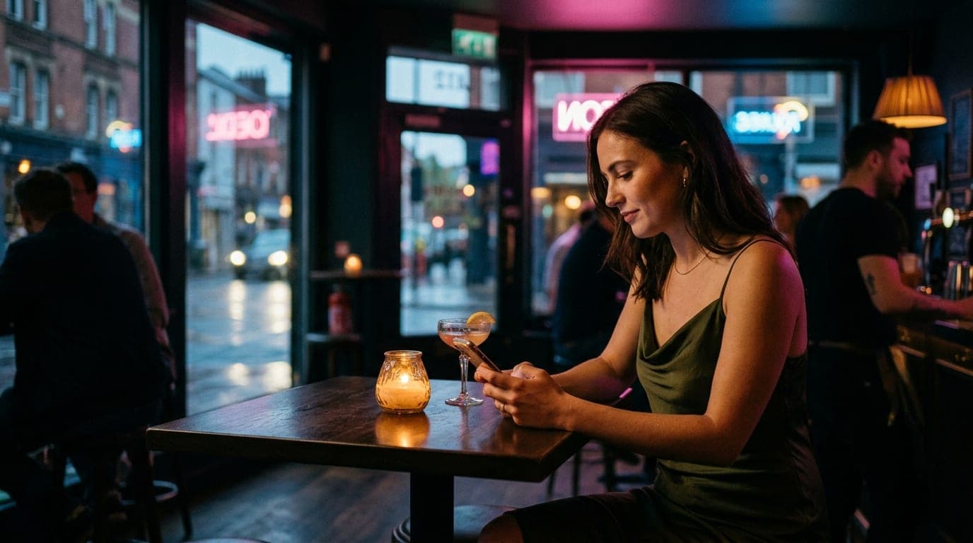 Medium shot, 35mm documentary: A woman in a silk slip dress sits at a dimly candle-lit bar table, offset right. She holds...