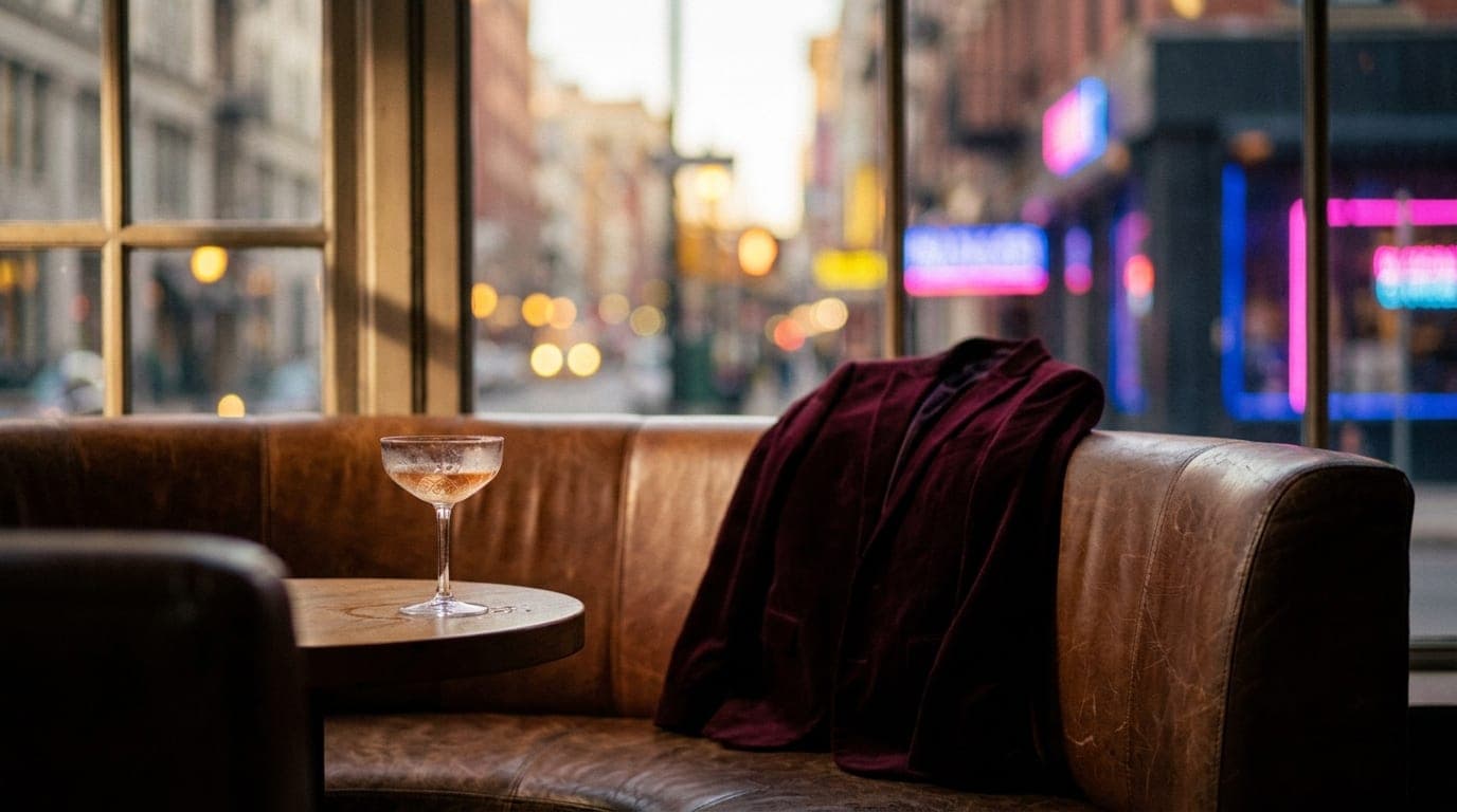 A close-up 85mm portrait, offset left, shows a leather booth at a dimly lit speakeasy. Noon light catches a single cocktai...