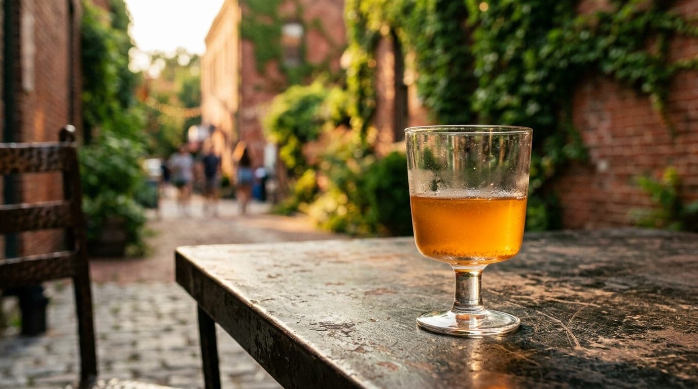 Golden hour light hits a half-empty glass of natural wine on a distressed metal cafe table in Shaw. A blurred, ivy-covered...