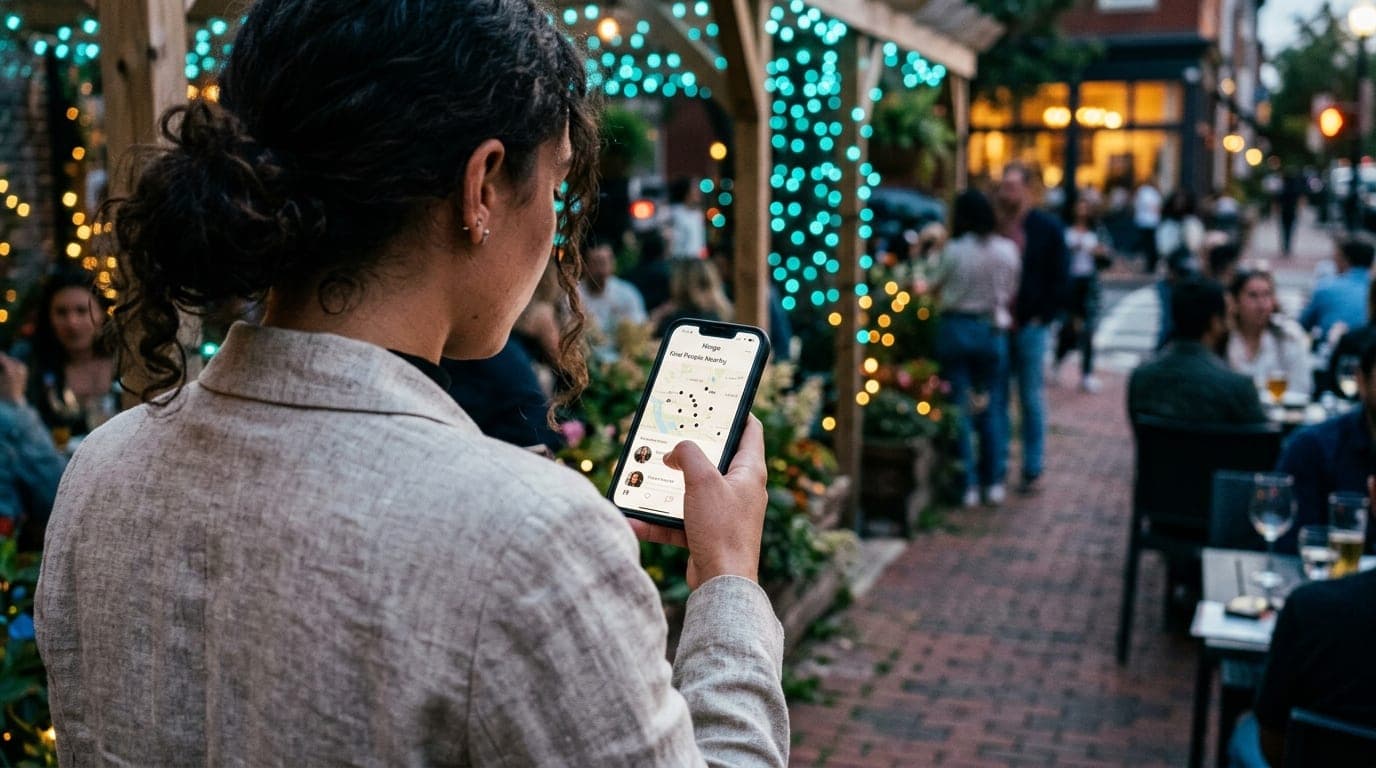 An over-the-shoulder macro shot of a woman in a linen blazer checking a Hinge map on her phone. Behind her, the blurred, t...