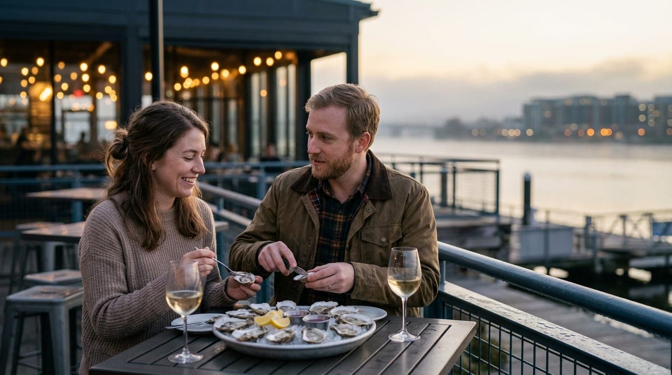Wide establishing shot, 85mm portrait. A couple shares a platter of oysters at an outdoor high-top table at The Salt Line....