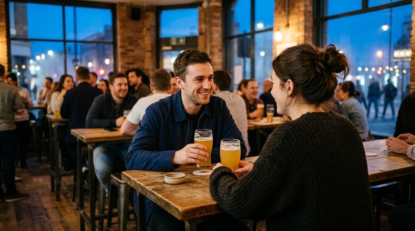 A couple shares a craft beer at a high-top table inside a bustling Westminster brewery. Soft ambient light hits their glas...