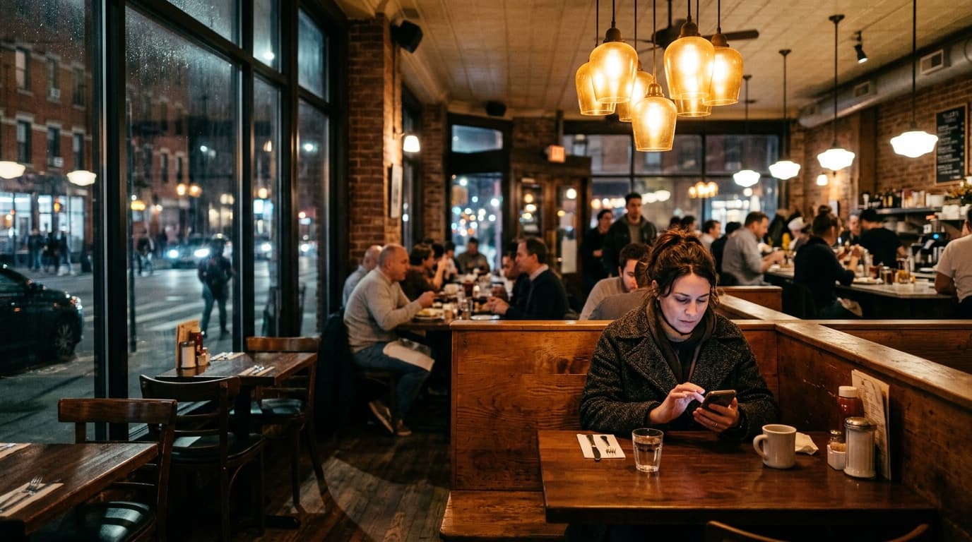 A wide 35mm shot of a woman in a wool coat sitting at a booth in Tiller’s Kitchen, offset right, swiping on her phone unde...