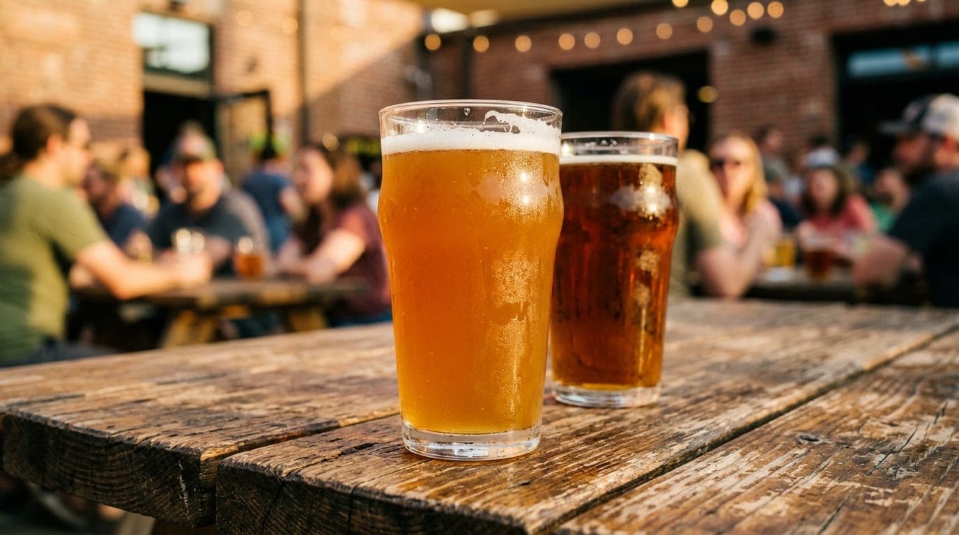 Golden hour sun illuminates two craft beer glasses on a weathered wood picnic table at Westminster Brewing Co., soft bokeh...