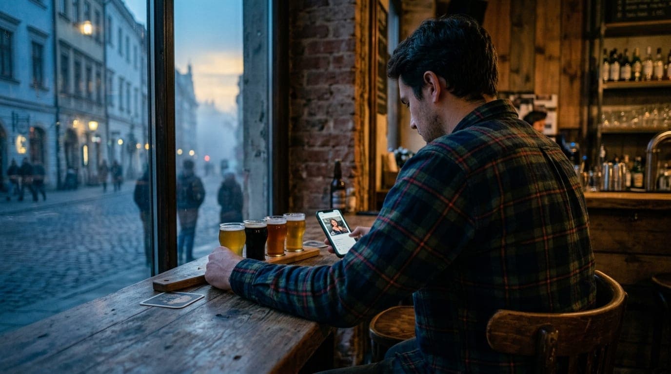 A man in a flannel shirt sits on a cozy taproom stool. His smartphone, displaying a Hinge profile, rests beside a craft be...