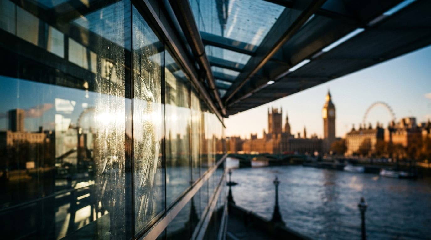 A close-up, tilt-shift focus captures the reflective glass facade of a modern Westminster Promenade building under sharp n...