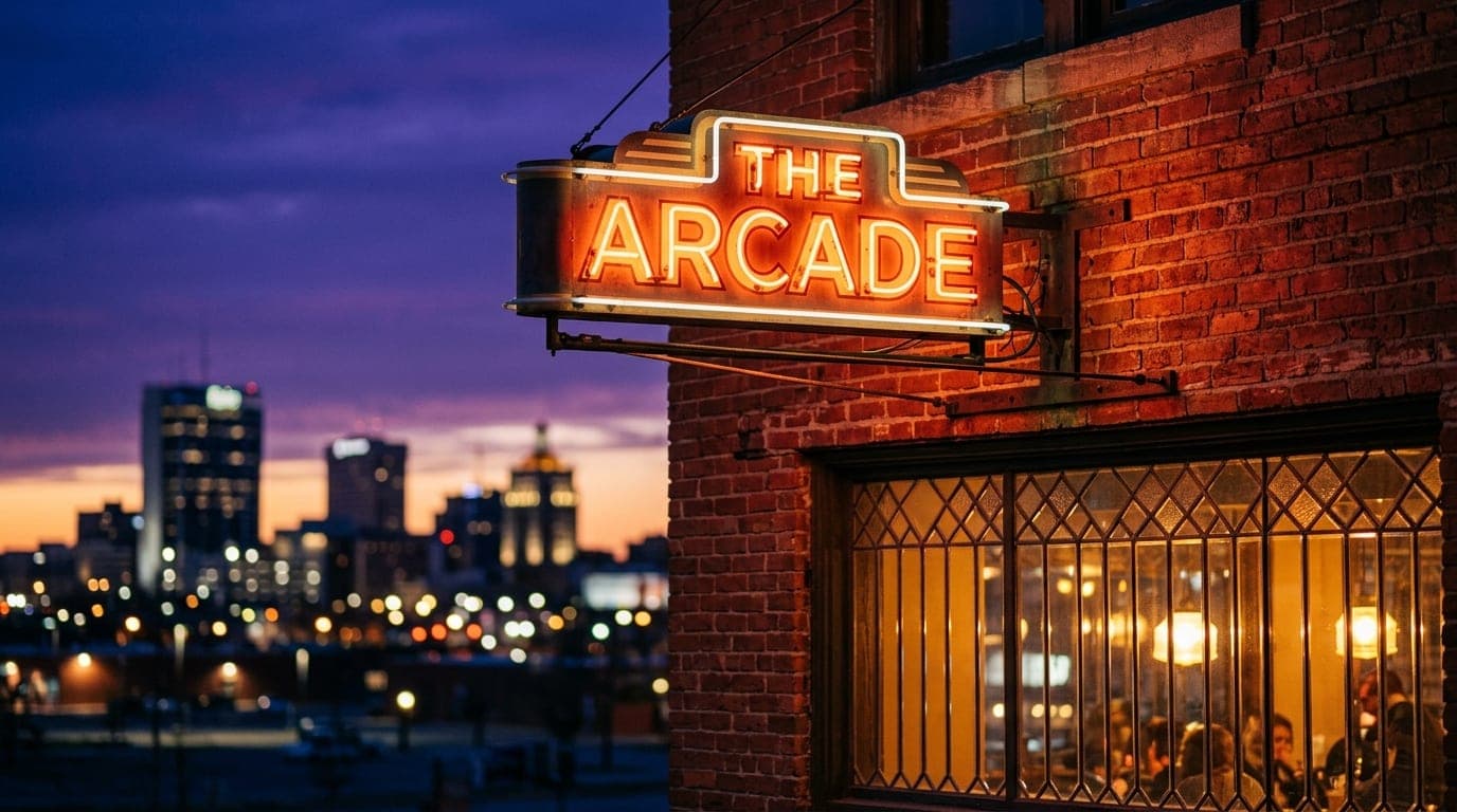 A tight 100mm macro shot captures the warm, glowing neon sign of a brick storefront in Old Town. In the blurred background...