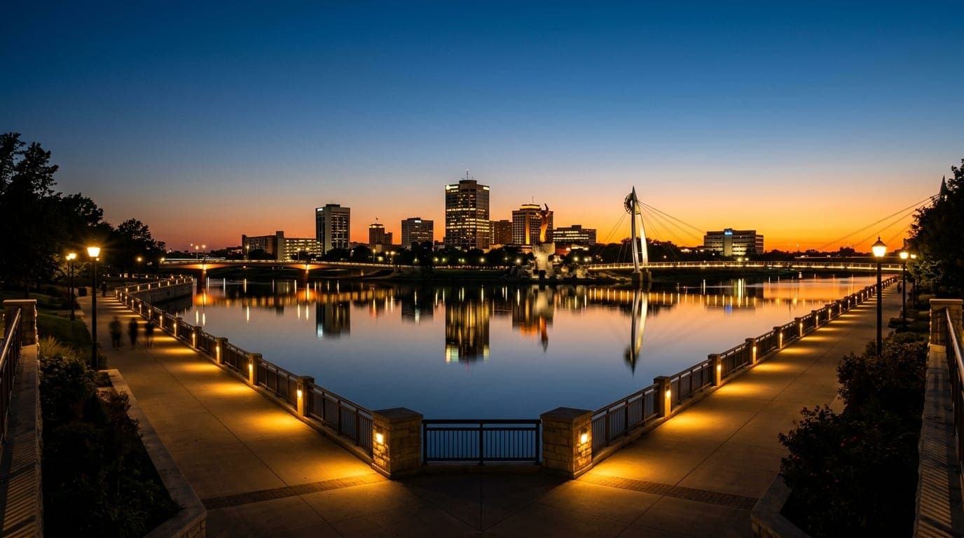 A wide, symmetric 24mm shot of the illuminated Wichita skyline reflected in the Arkansas River at dusk, framed by the glow...