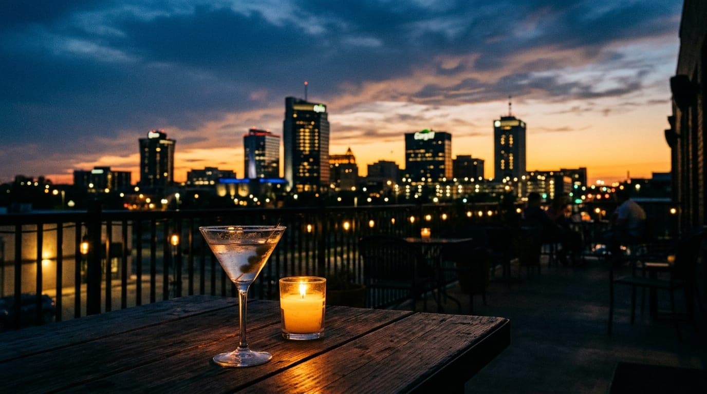 A candle-lit wooden table at a boutique Douglas Design District patio holds a single half-empty martini glass, placed in t...