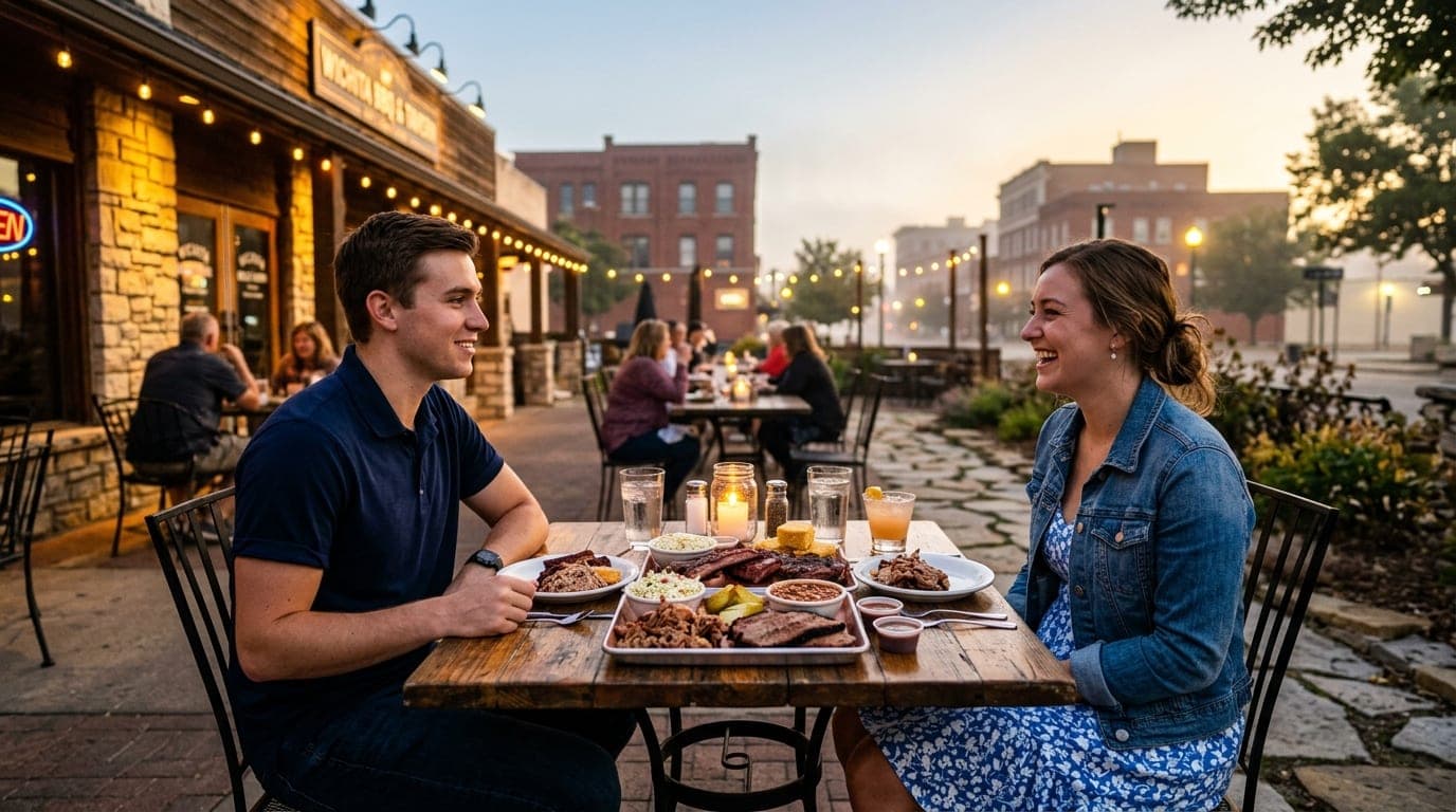 A young engineer in a crisp navy polo sits across from a woman in a floral sundress at a candlelit table, their shared Wic...