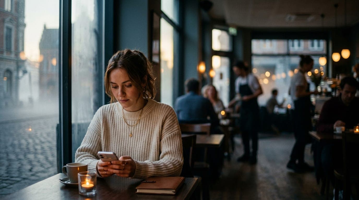 A woman in a cream sweater sits at a candlelit table at Vora, checking her smartphone to verify a digital profile. A blurr...