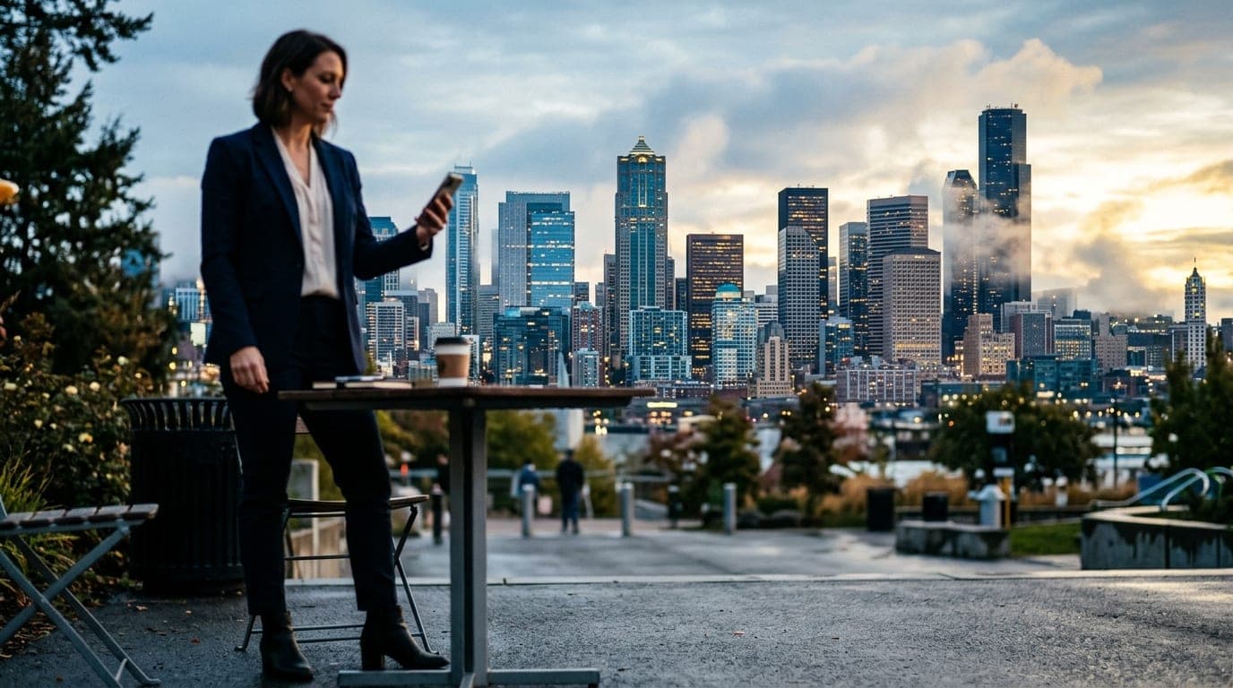A woman in a sharp blazer stands at a bistro table in Bailey Park, phone in hand. She is blurred from the chest up, highli...