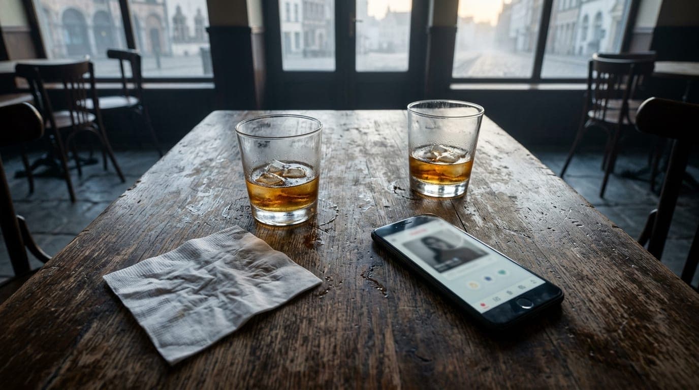 An overhead flat-lay shot on a scarred wooden pub table features two half-empty whiskey glasses, a crumpled cocktail napki...