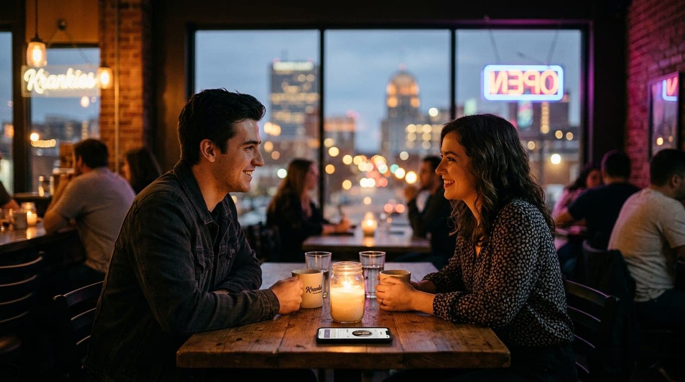 A couple sits at a candle-lit Krankies table, a smartphone showing the Feeld interface between them. The urban Winston-Sal...