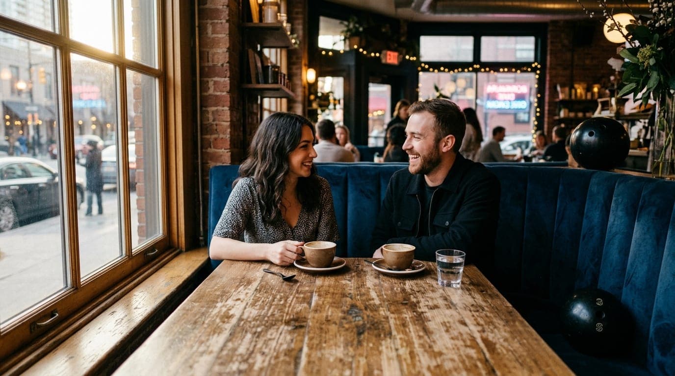 Centered symmetric 24mm shot, noon sunlight streaming through a cafe window onto a rustic wooden table featuring two half-...