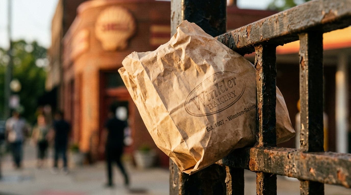 100mm macro shot, golden hour light hitting a crumpled, abandoned paper bag from Winkler Bakery resting on a weathered iro...