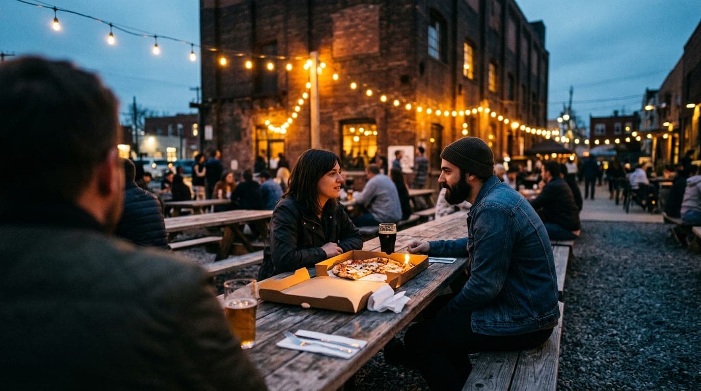 Over-the-shoulder, tilt-shift view at blue hour across the Coal Pit patio. A couple sits at a communal table near a glowin...