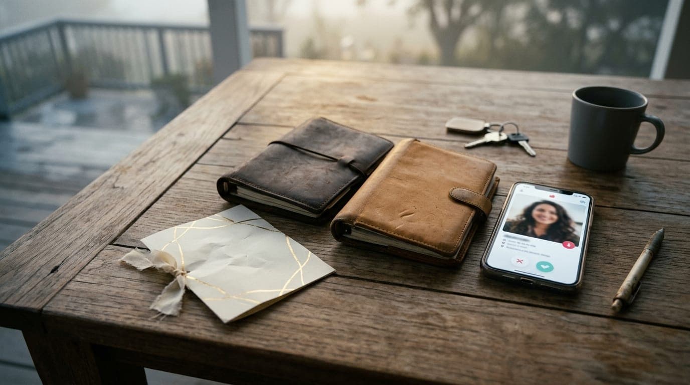 A 35mm documentary shot in overcast morning light shows two leather-bound planners and a discarded wedding invitation on a...