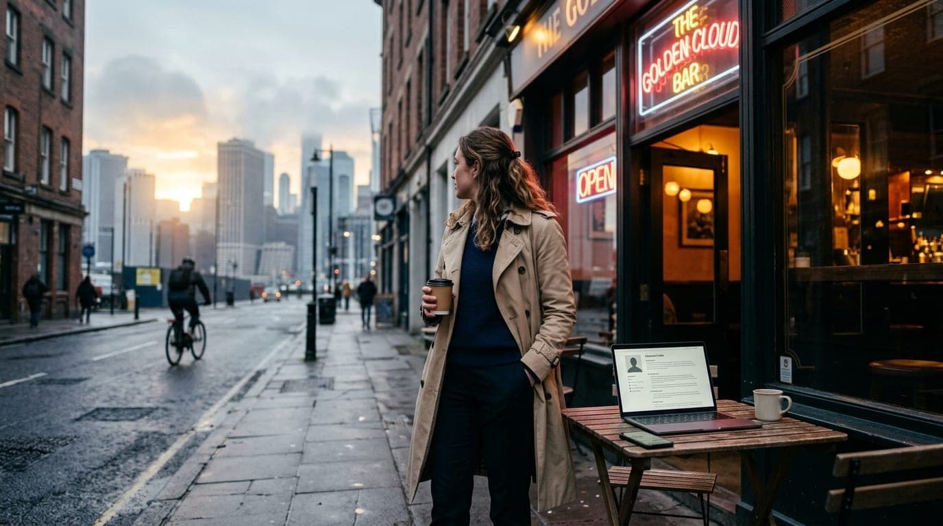 A wide establishing shot at dusk shows a woman in a trench coat standing near a neon-lit bar entrance. A laptop screen dis...