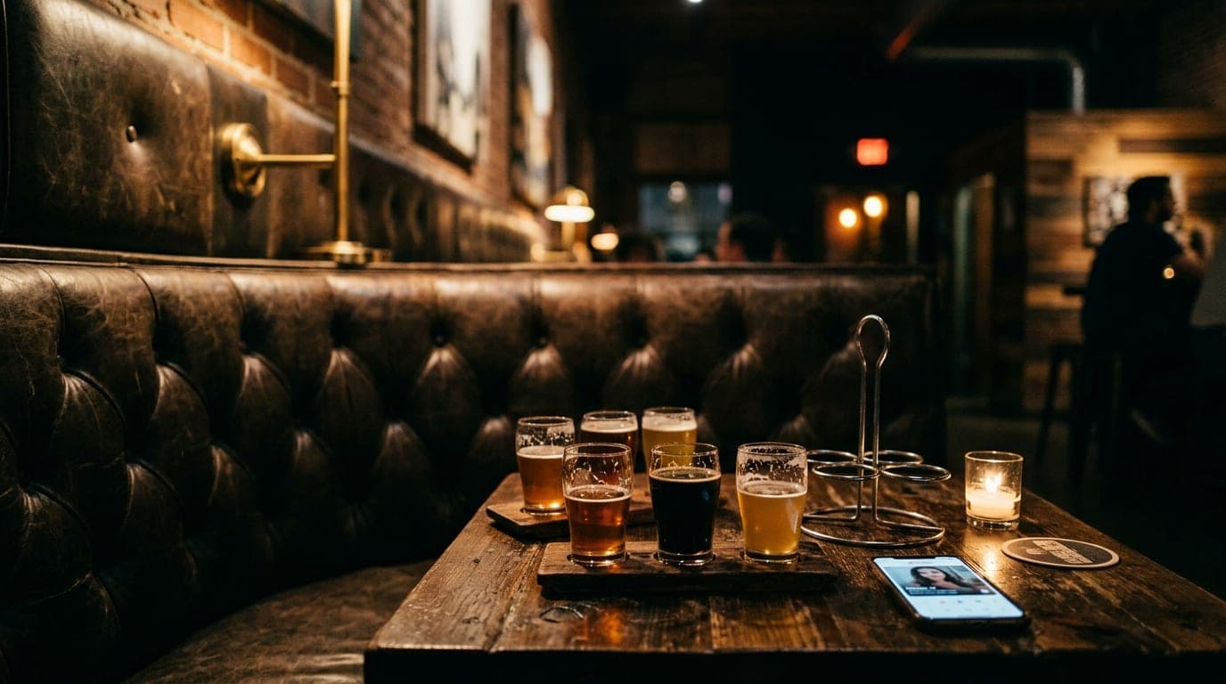 Low-angle shot of a leather booth at an Arts District gallery. Two half-empty craft beer flights sit on a wooden table, ne...