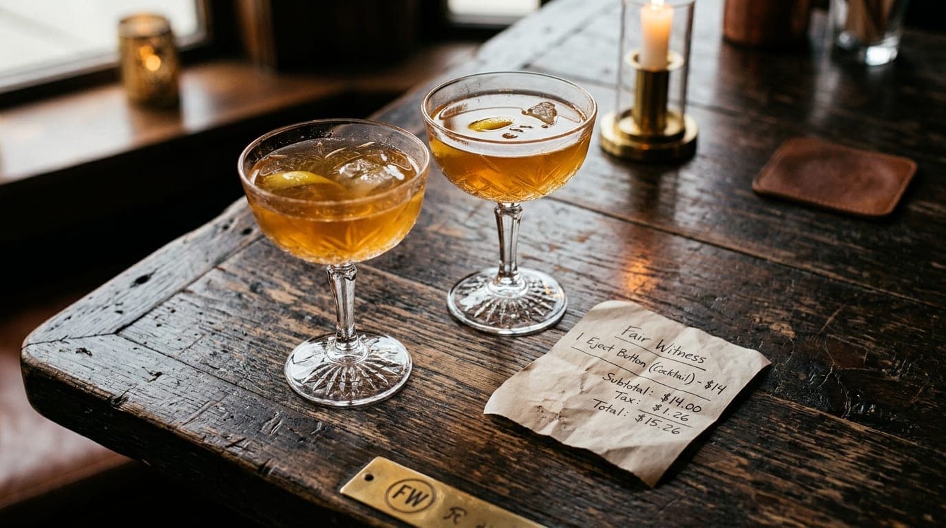 Overhead flat-lay, 100mm macro shot of a weathered wooden table at Fair Witness. Two ornate crystal coupes filled with amb...